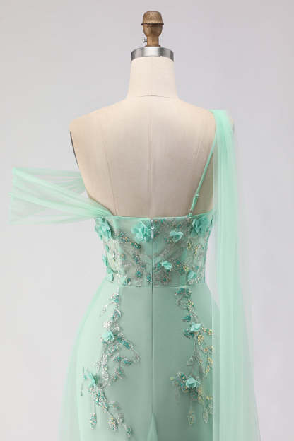 Black Golden One Shoulder Floral Long Sheath Prom Dress with Side Cape