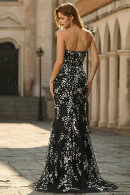 Black Sparkly Mermaid Long Floral Prom Dress with Beading