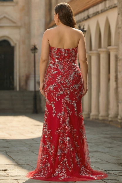 Sparkly Red Mermaid Floral Long Prom Dress with Beading