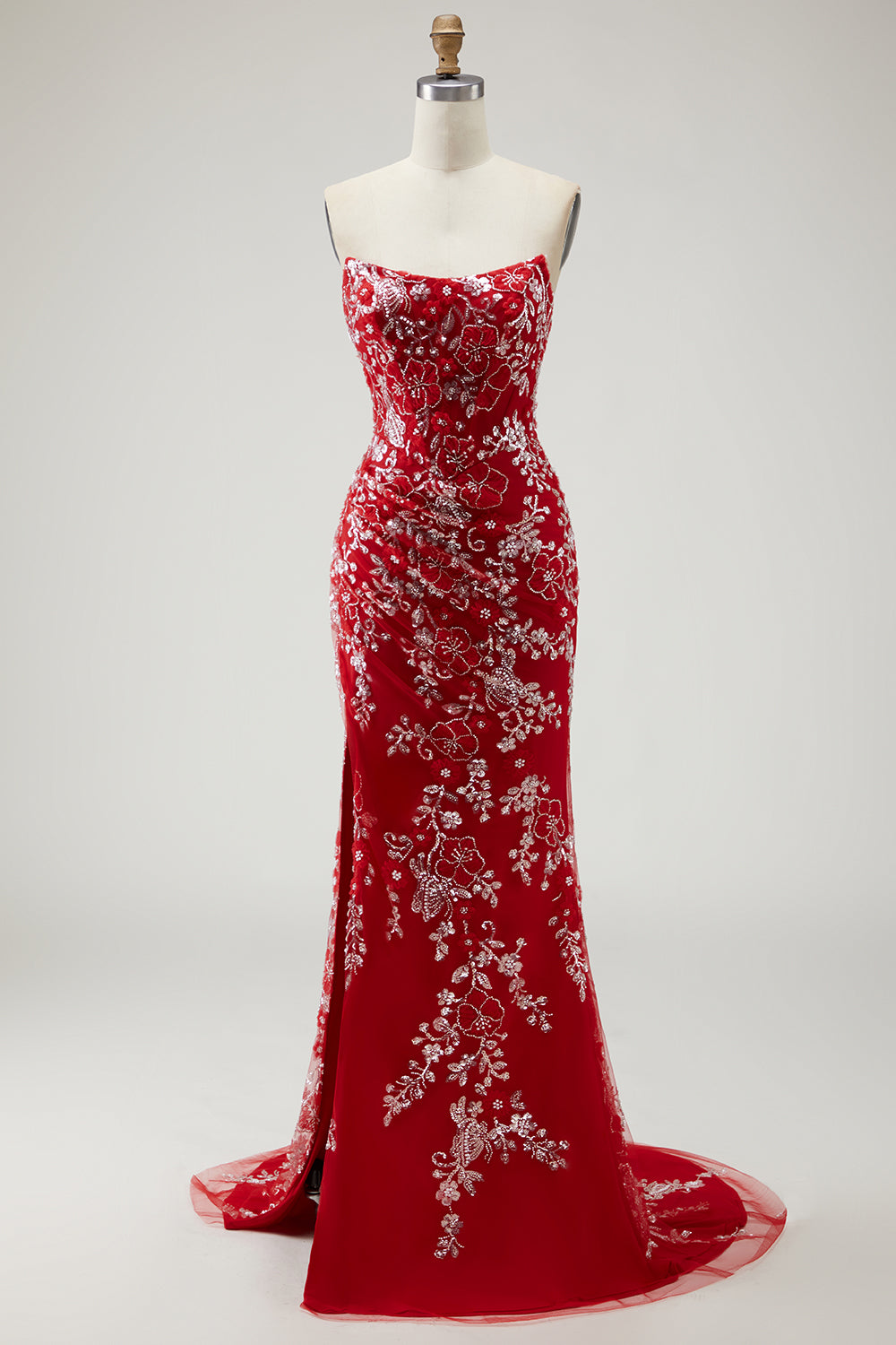 Sparkly Red Floral Mermaid Long Strapless Prom Dress with Beading