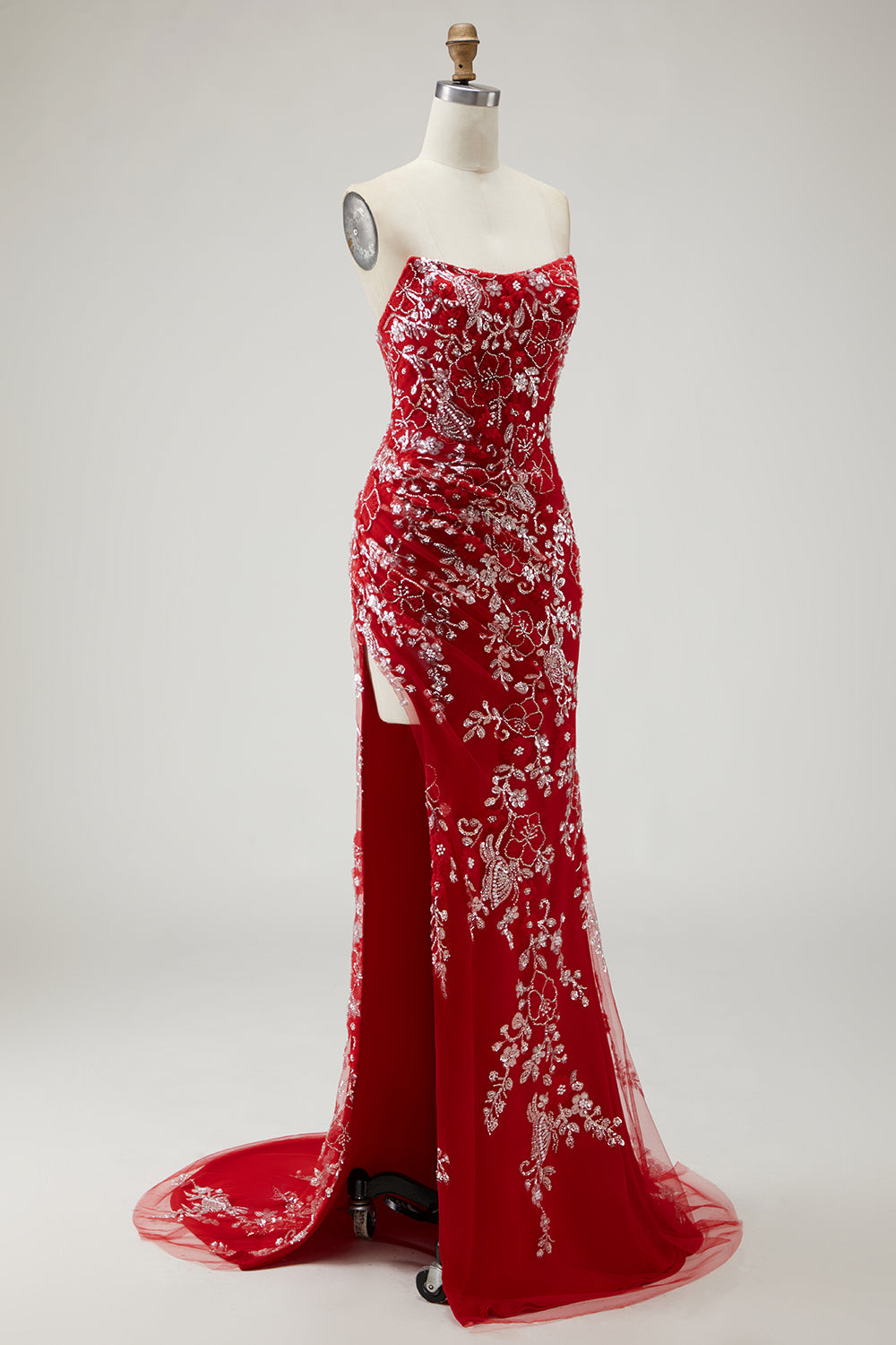 Sparkly Red Floral Mermaid Long Strapless Prom Dress with Beading