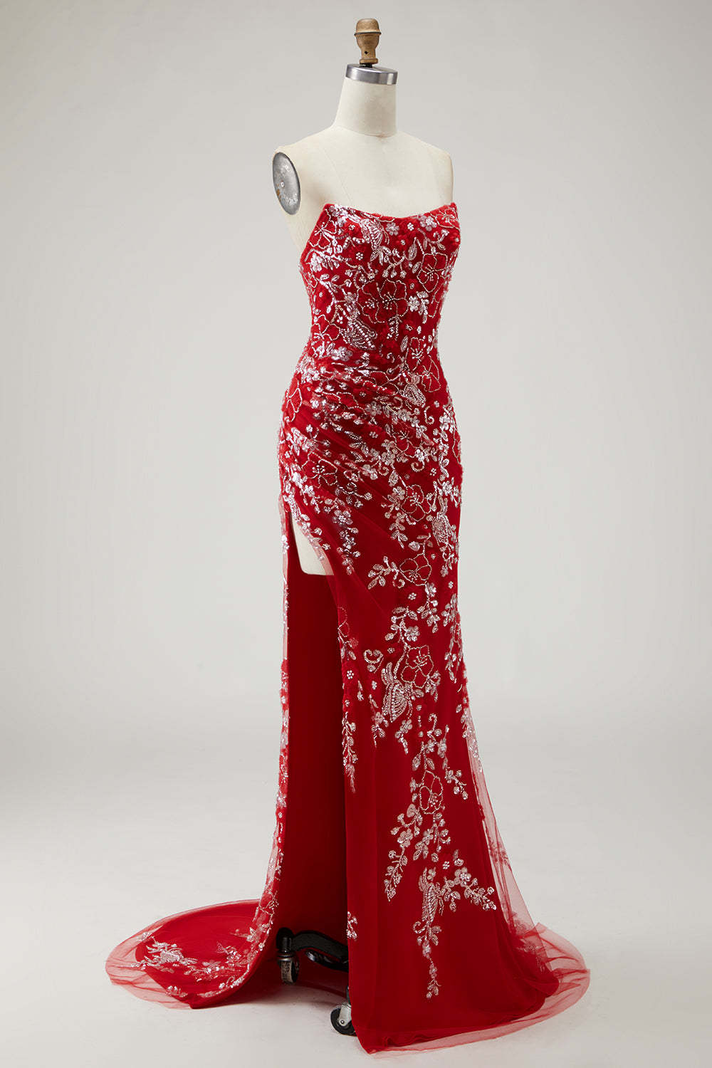 Sparkly Red Floral Mermaid Long Strapless Prom Dress with Beading
