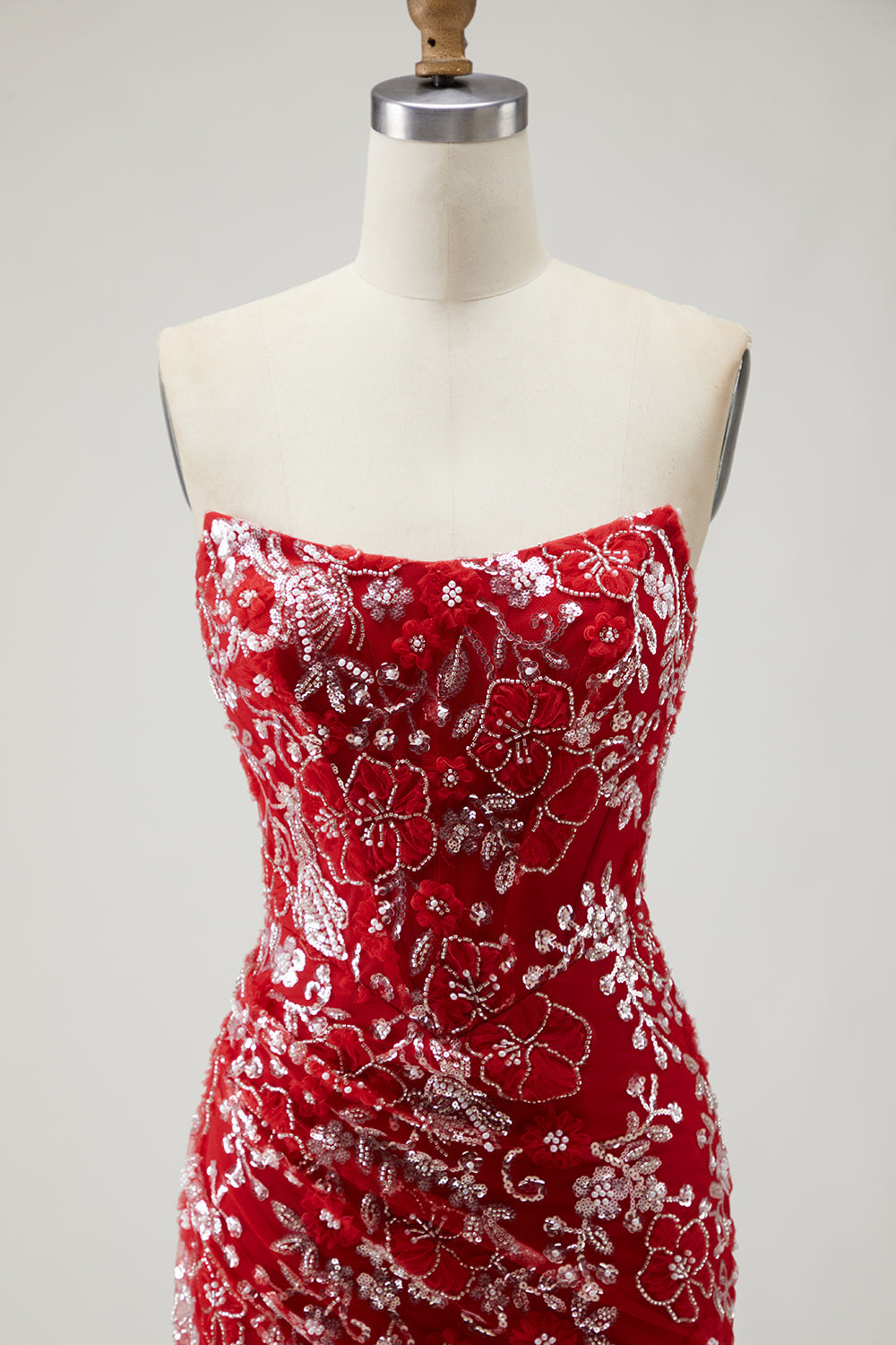 Sparkly Red Floral Mermaid Long Strapless Prom Dress with Beading