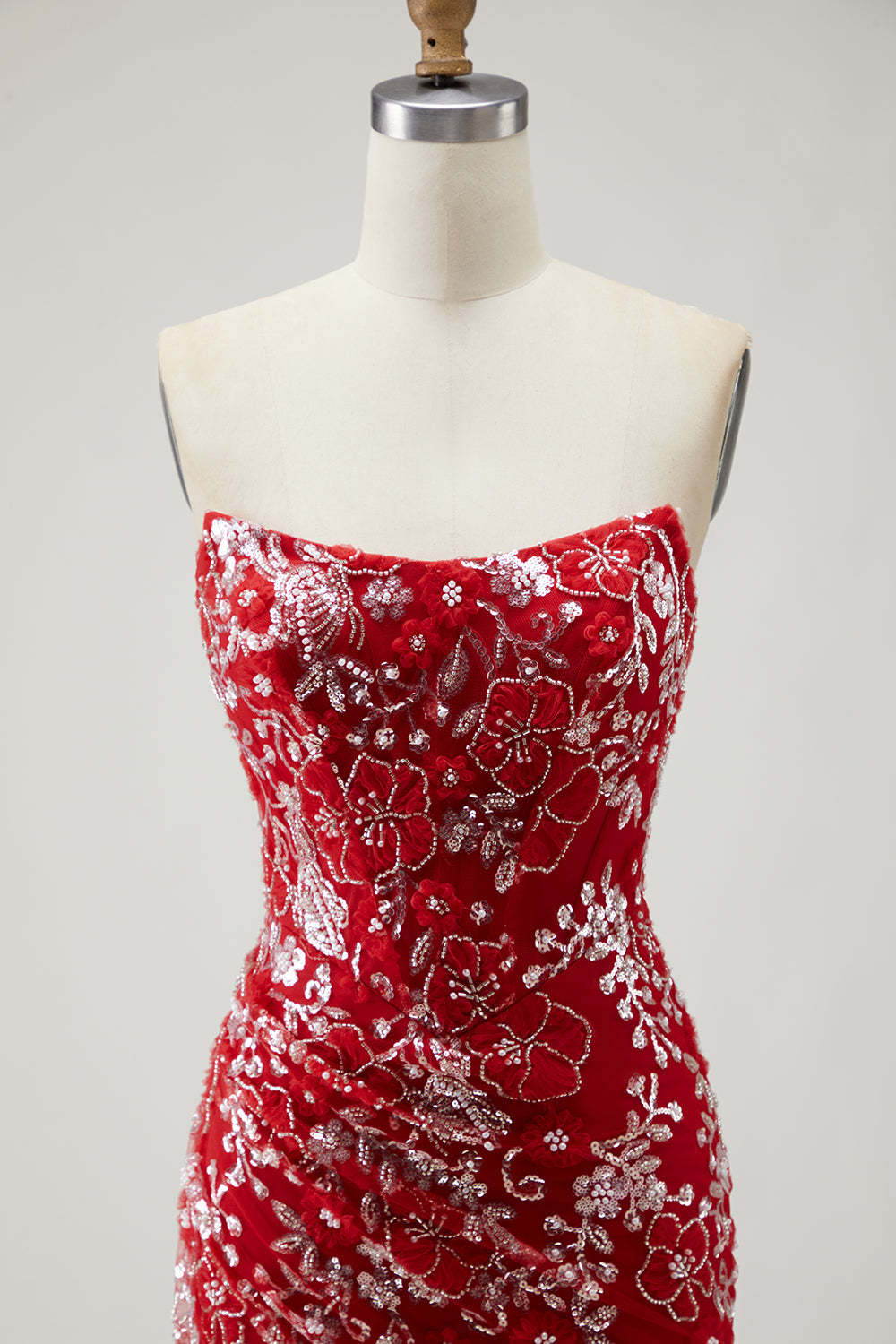 Sparkly Red Floral Mermaid Long Strapless Prom Dress with Beading