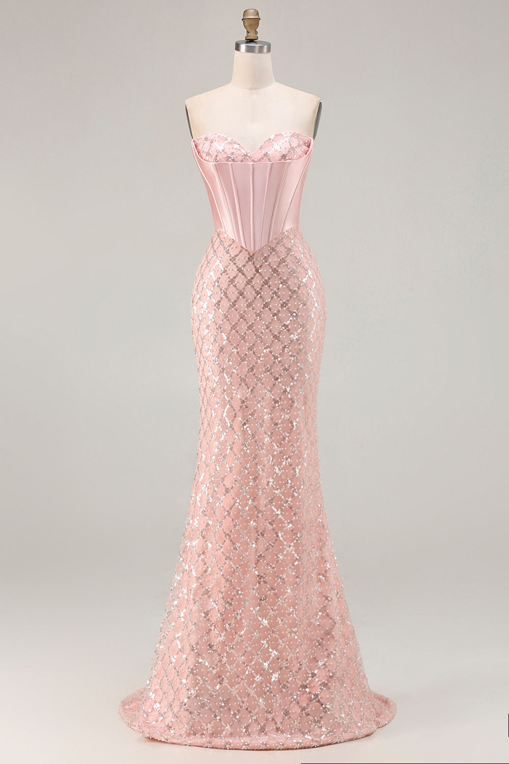 Sparkly Blush Sequin Sweetheart Mermaid Long Corset Prom Dress