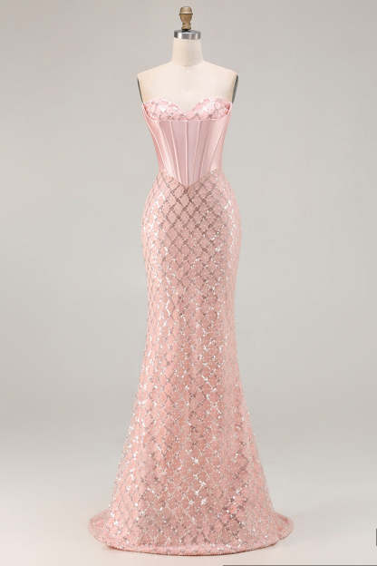 Sparkly Blush Sweetheart Mermaid Maxi Corset Prom Dress with Sequins
