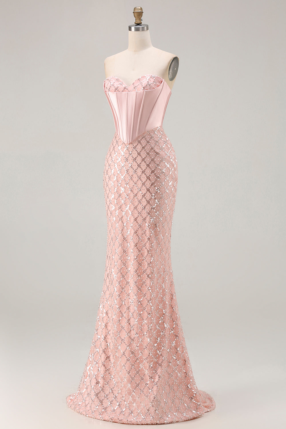 Sparkly Blush Sequin Sweetheart Mermaid Long Corset Prom Dress