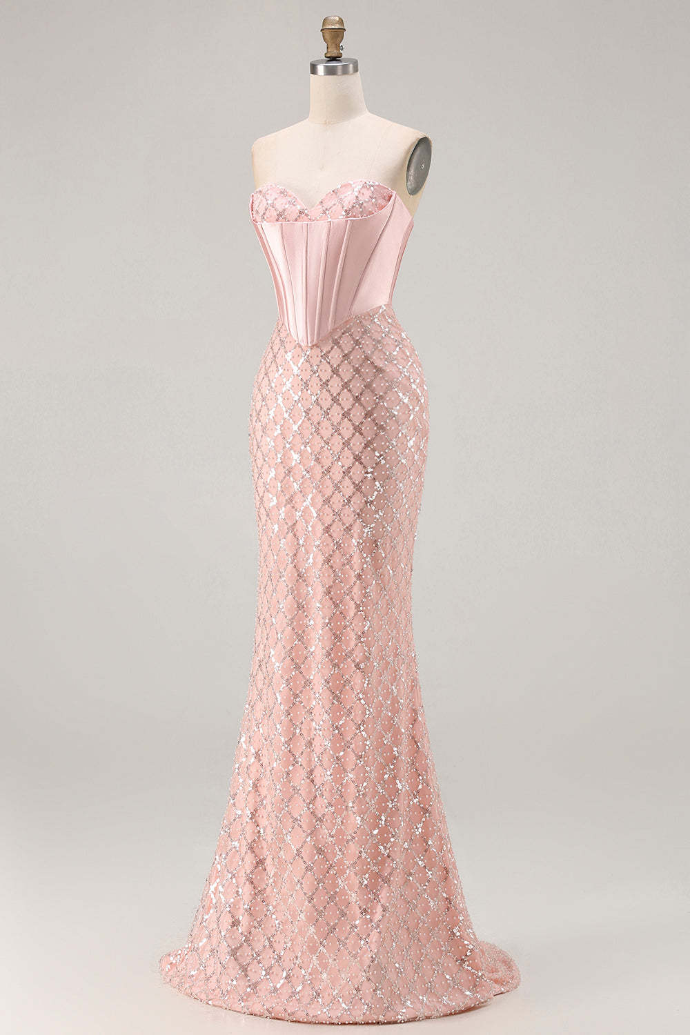 Sparkly Blush Sequin Sweetheart Mermaid Long Corset Prom Dress