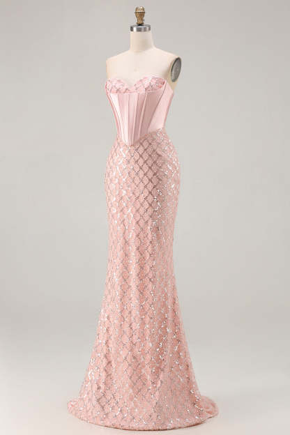 Sparkly Blush Sequin Sweetheart Mermaid Long Corset Prom Dress