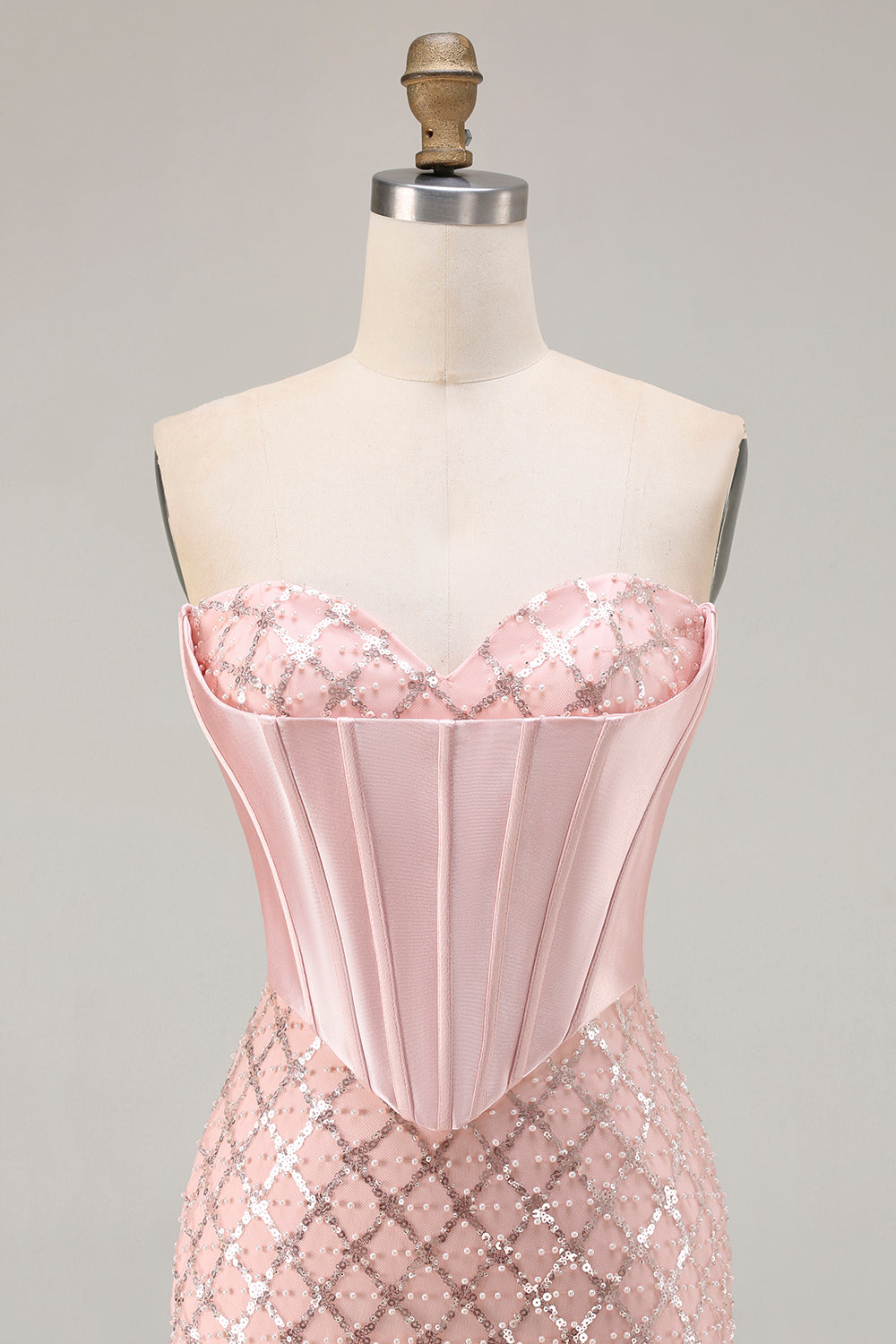 Sparkly Blush Sequin Sweetheart Mermaid Long Corset Prom Dress