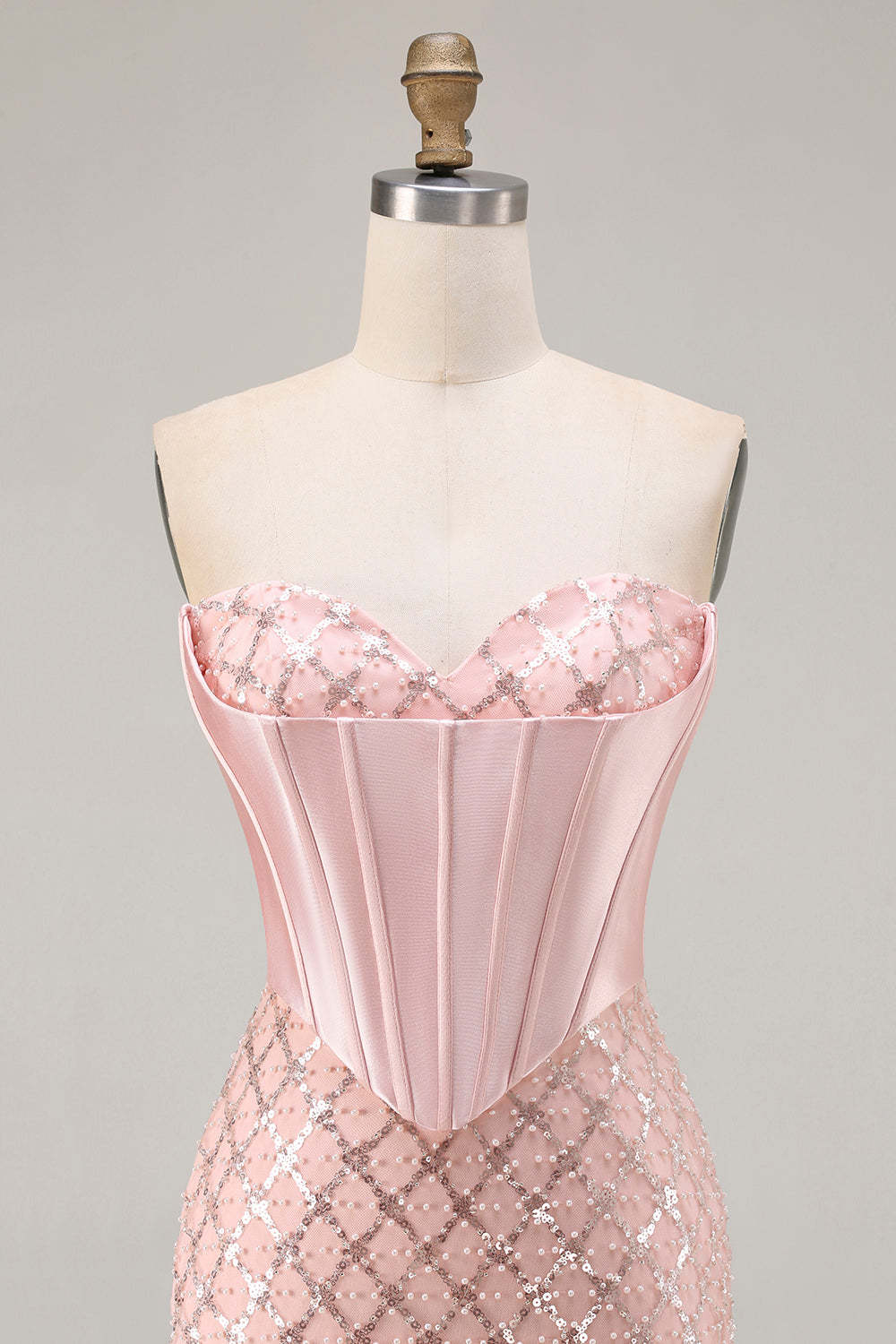 Sparkly Blush Sequin Sweetheart Mermaid Long Corset Prom Dress