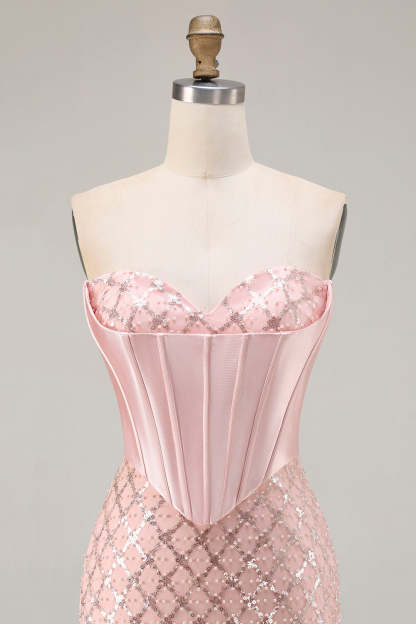 Sparkly Blush Sequin Sweetheart Mermaid Long Corset Prom Dress