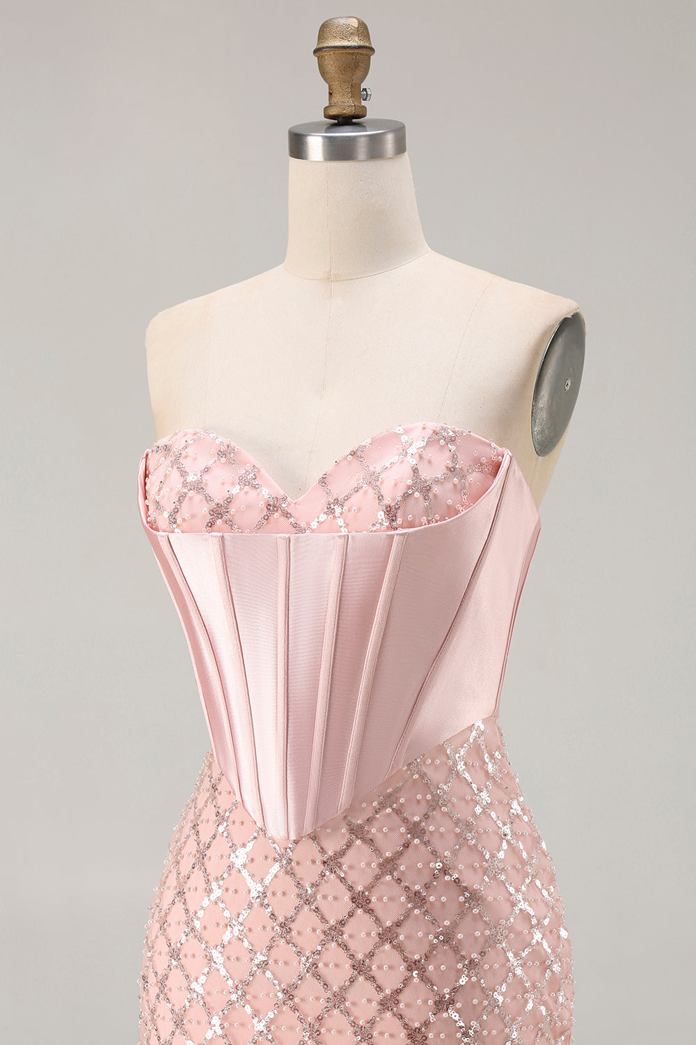 Sparkly Blush Sequin Sweetheart Mermaid Long Corset Prom Dress