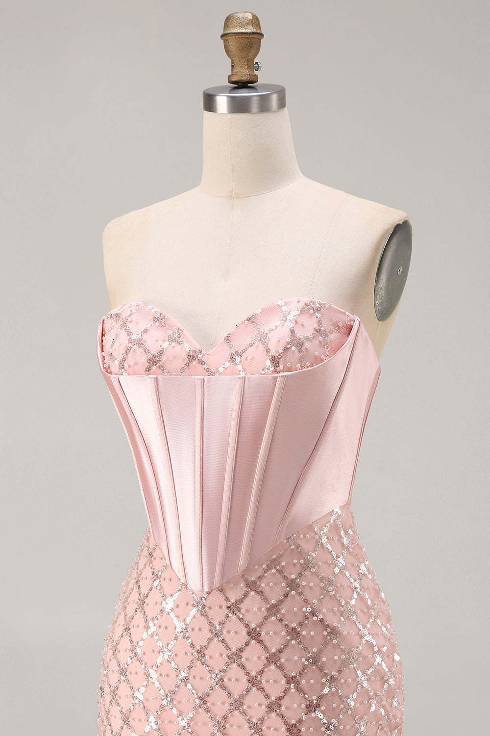 Sparkly Blush Sequin Sweetheart Mermaid Long Corset Prom Dress
