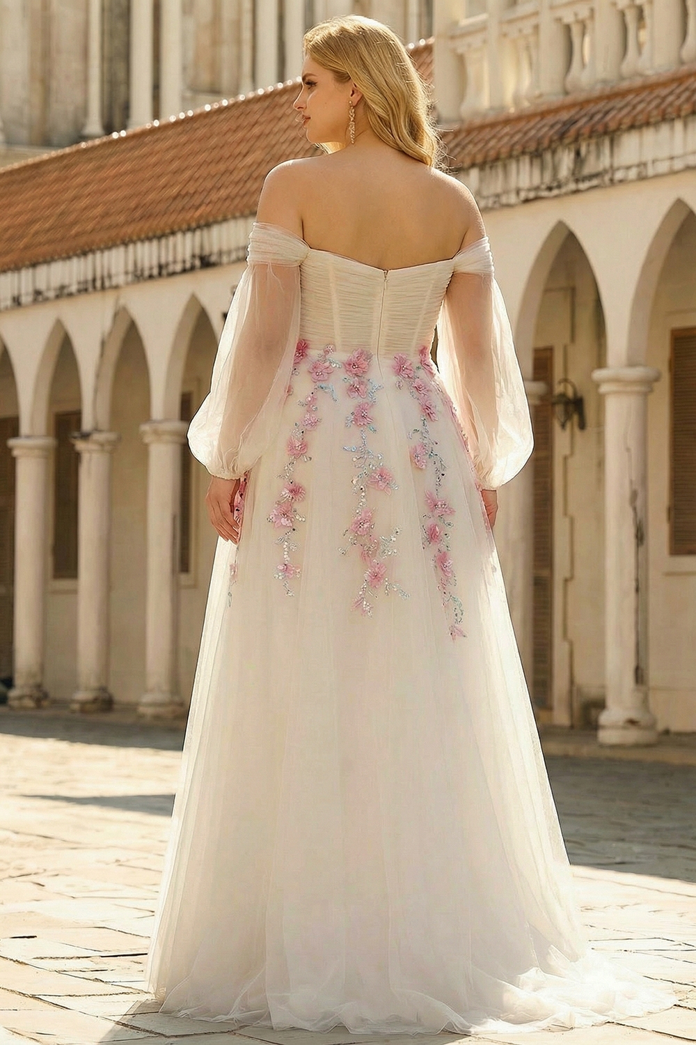 Floral Sparkly White A Line Long Sleeves Tulle Prom Dress with Sequins