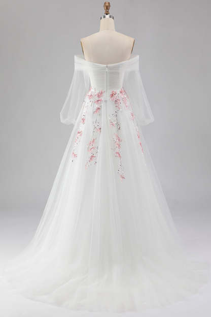 Floral Sparkly White A Line Long Sleeves Tulle Prom Dress with Sequins