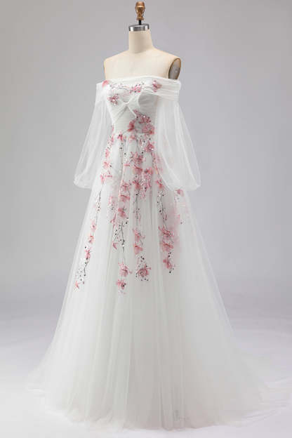 Floral Sparkly White A Line Long Sleeves Tulle Prom Dress with Sequins