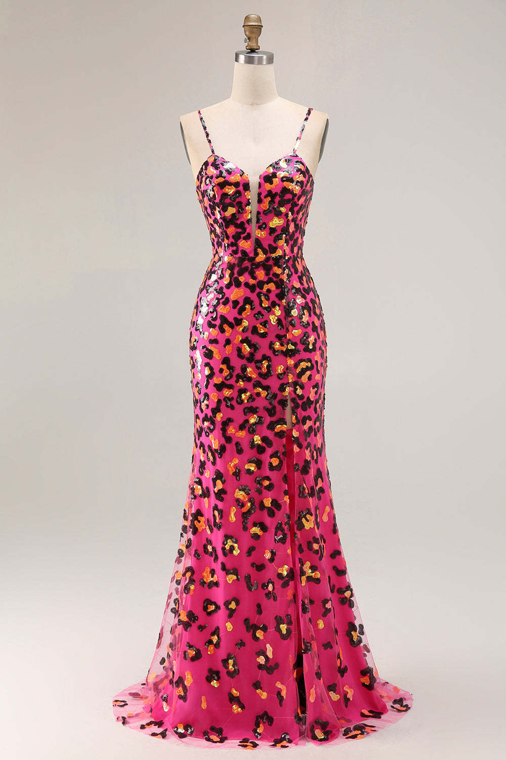 Leely Women Sparkly Fuchsia Long Mermaid Prom Dress with Sequins Spaghetti Straps Leopard Pageant Dress with Slit