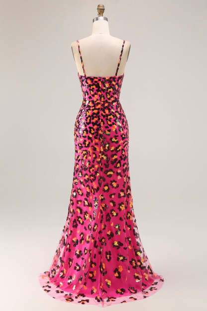 Sparkly Fuchsia Mermaid Long Leopard Prom Dress with Sequins
