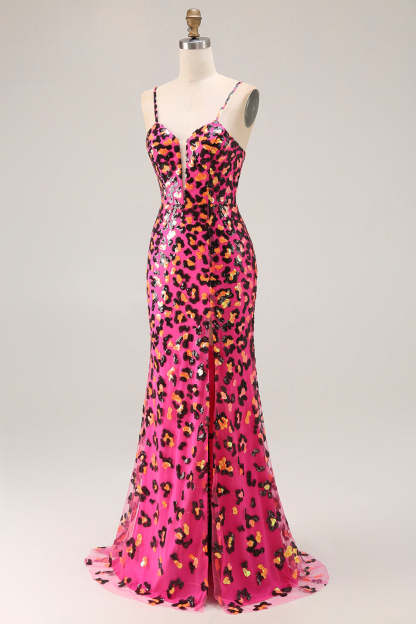 Sparkly Fuchsia Mermaid Long Leopard Prom Dress with Sequins