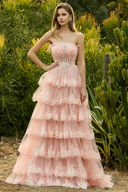 Floral Lilac Tiered Princess Tulle Ruffled Maxi Corset Prom Dress with Bows