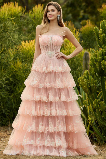 Floral Lilac Tiered Princess Tulle Ruffled Maxi Corset Prom Dress with Bows