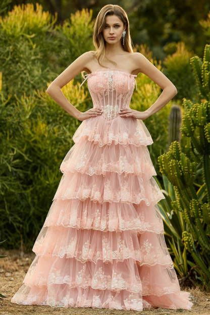 Leely Women Floral Lilac Tiered Maxi Corset Prom Dress with Slit Ruffled Tulle Strapless Ball Gown Pageant Dress with Bows