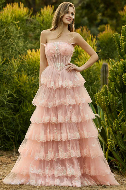 Floral Lilac Tiered Princess Tulle Ruffled Maxi Corset Prom Dress with Bows