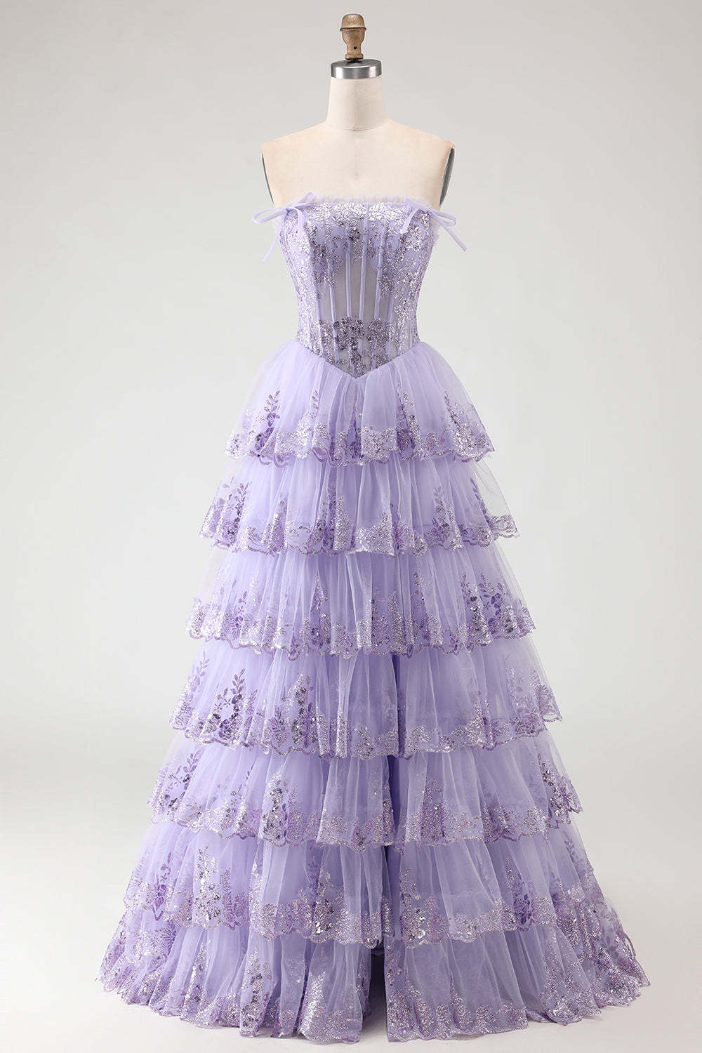 Floral Lilac Tiered Princess Tulle Ruffled Maxi Corset Prom Dress with Bows
