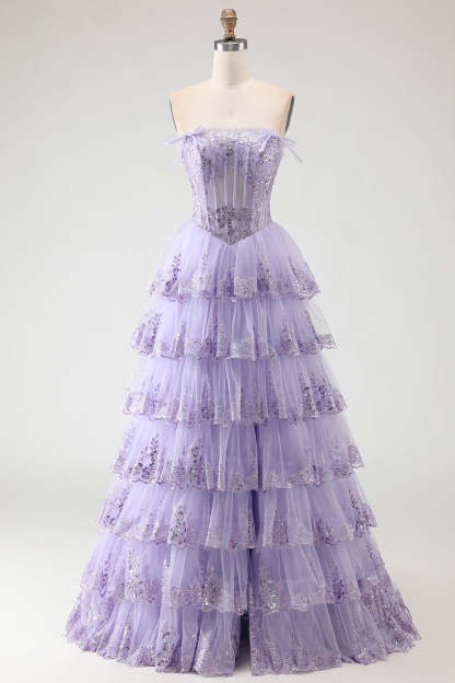 Floral Lilac Tiered Princess Tulle Ruffled Maxi Corset Prom Dress with Bows