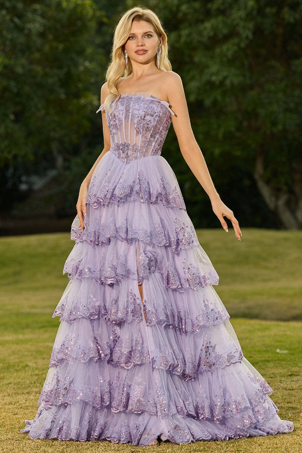Floral Lilac Tiered Princess Tulle Ruffled Maxi Corset Prom Dress with Bows