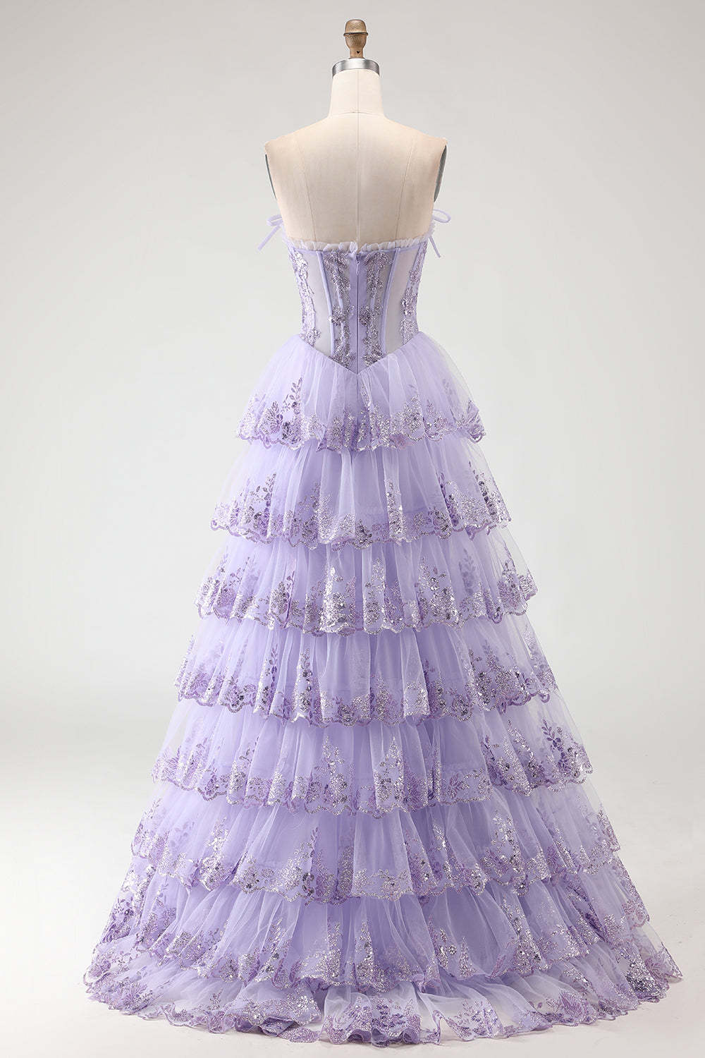 Floral Lilac Tiered Princess Tulle Ruffled Maxi Corset Prom Dress with Bows