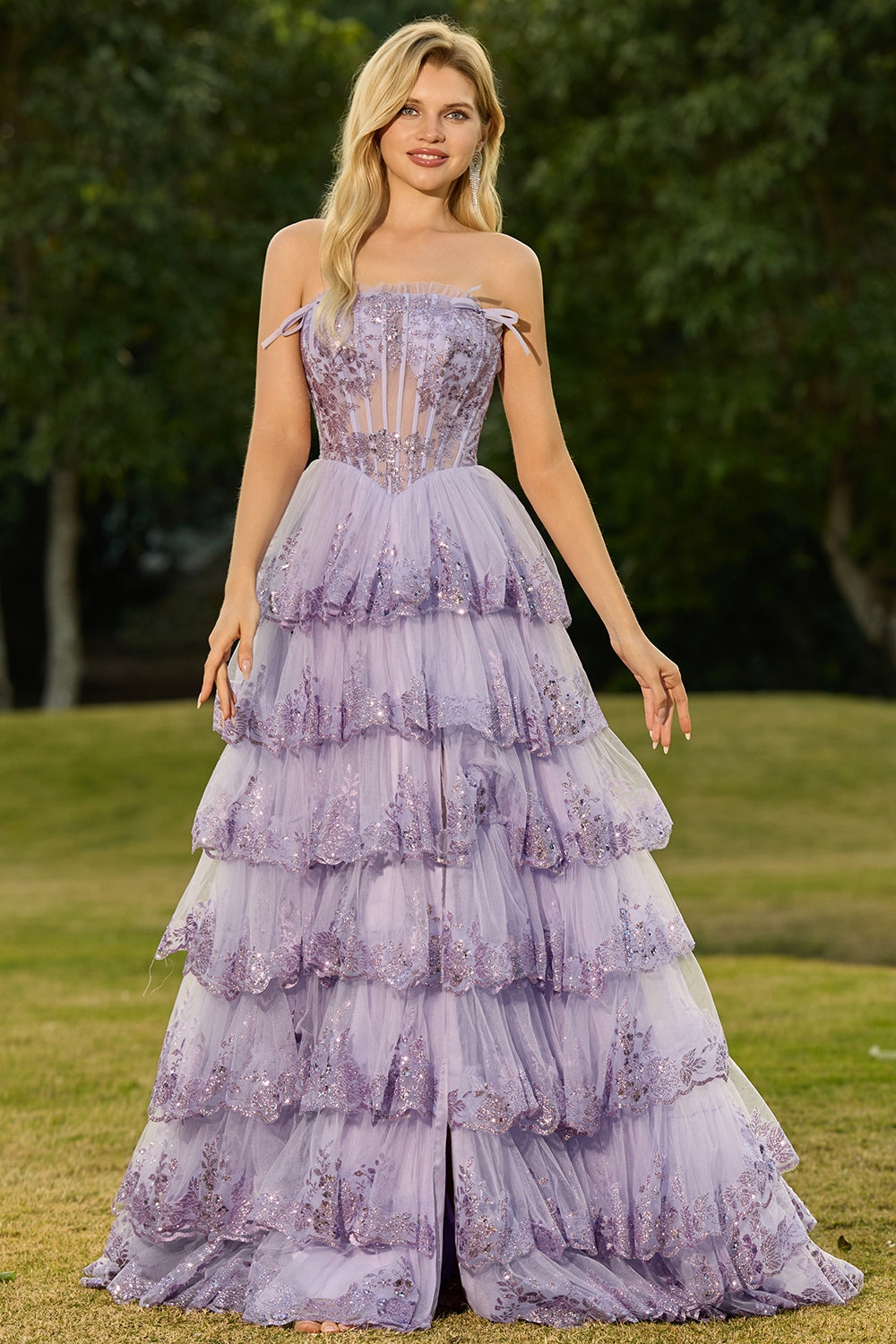 Floral Lilac Tiered Princess Tulle Ruffled Maxi Corset Prom Dress with Bows