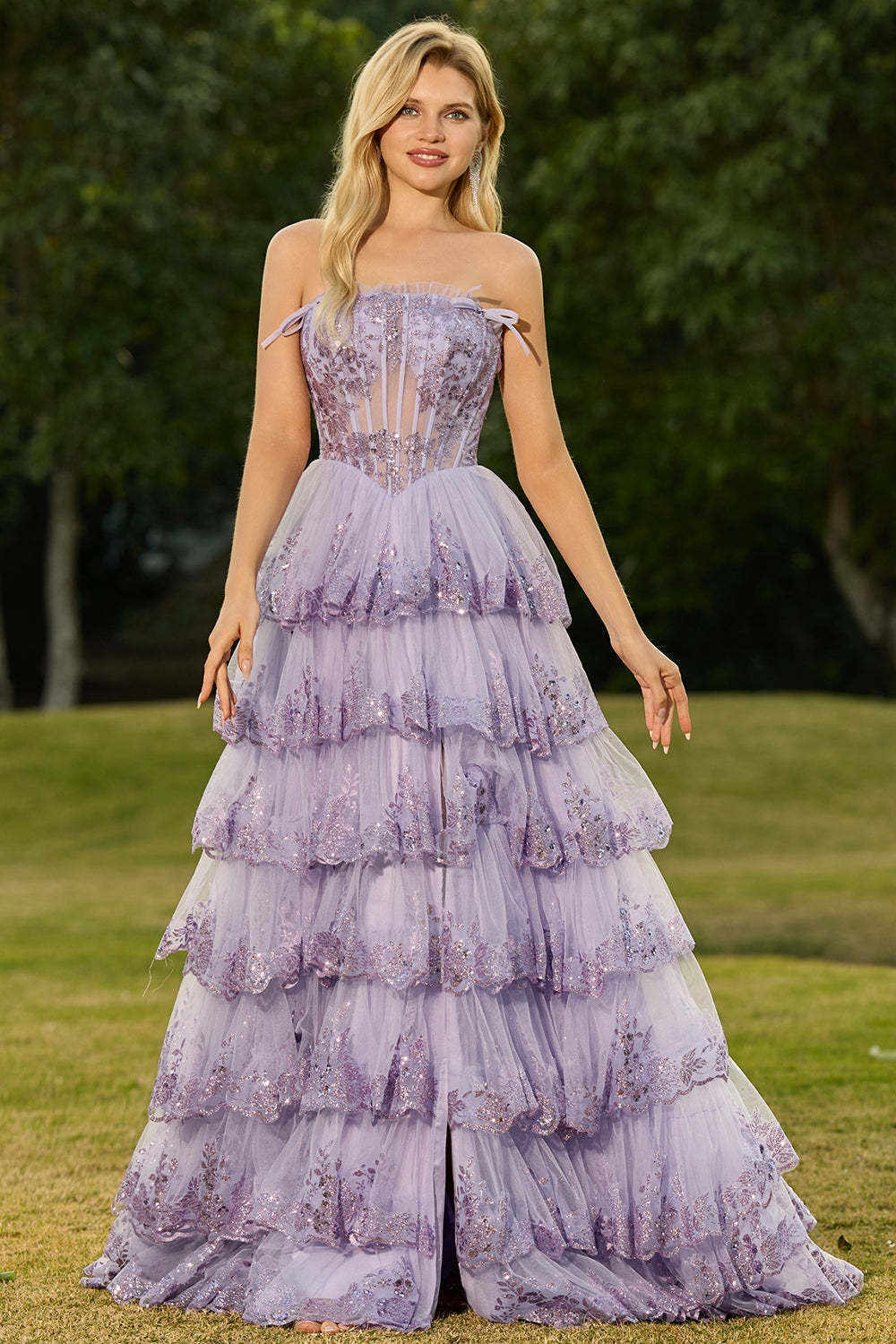 Floral Lilac Tiered Princess Tulle Ruffled Maxi Corset Prom Dress with Bows