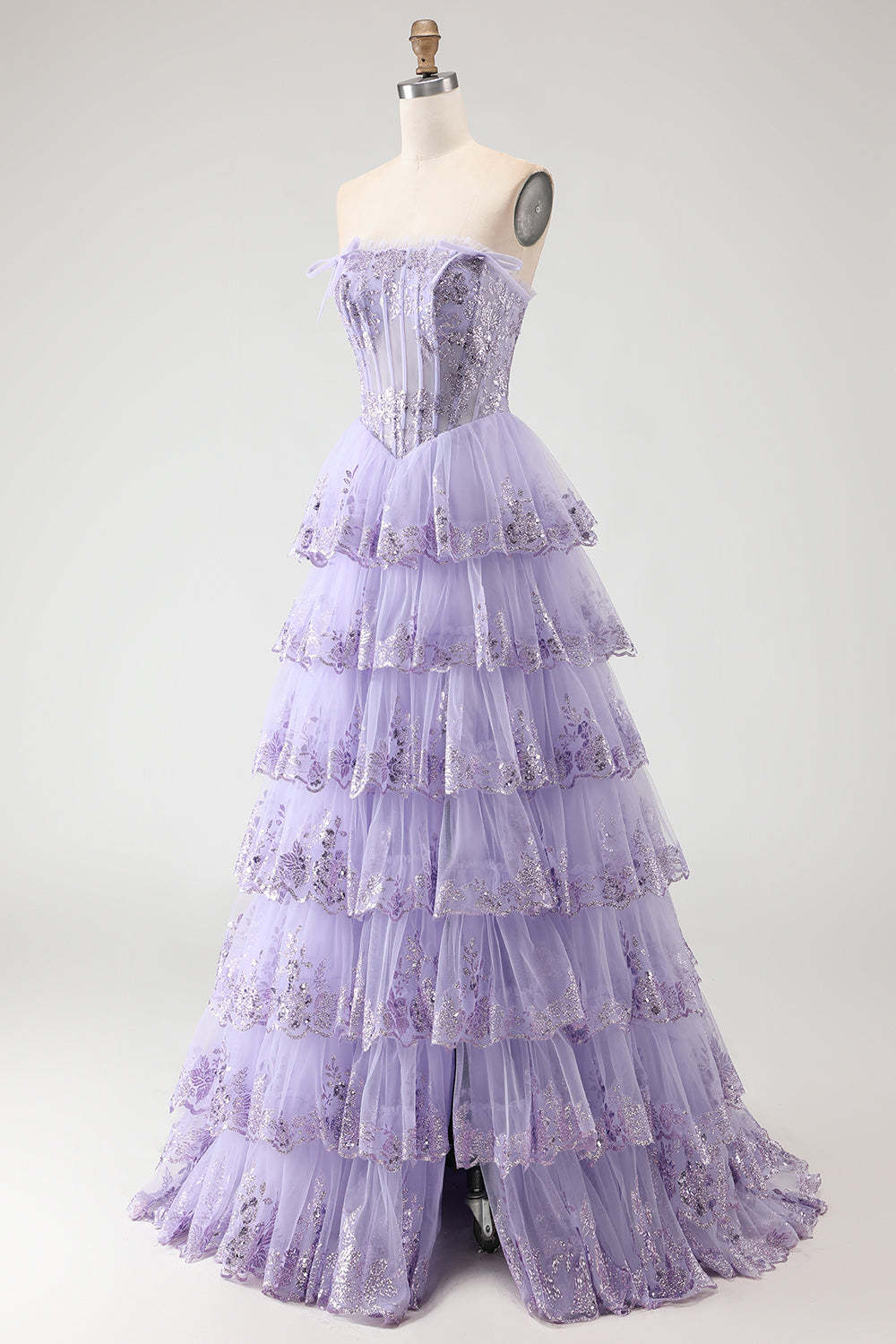 Floral Lilac Tiered Ruffled Tulle Long Corset Prom Dress with Slit