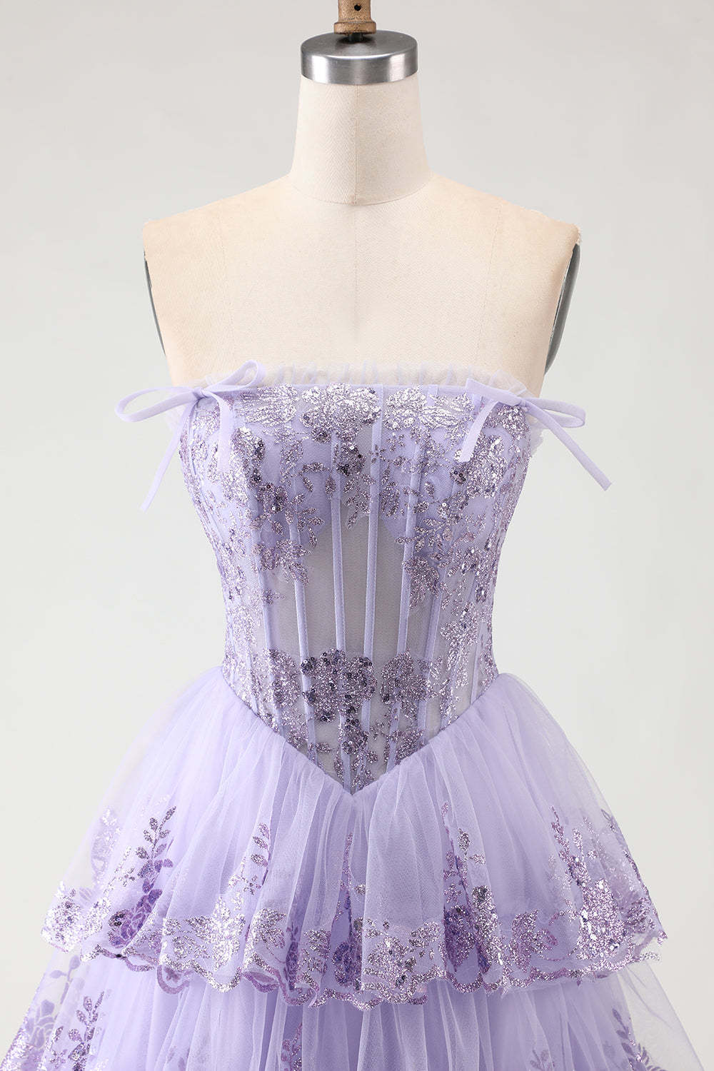Floral Lilac Tiered Ruffled Tulle Long Corset Prom Dress with Slit