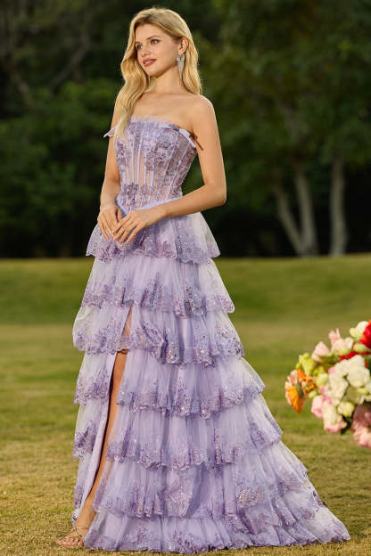 Floral Lilac Tiered Princess Tulle Ruffled Maxi Corset Prom Dress with Bows