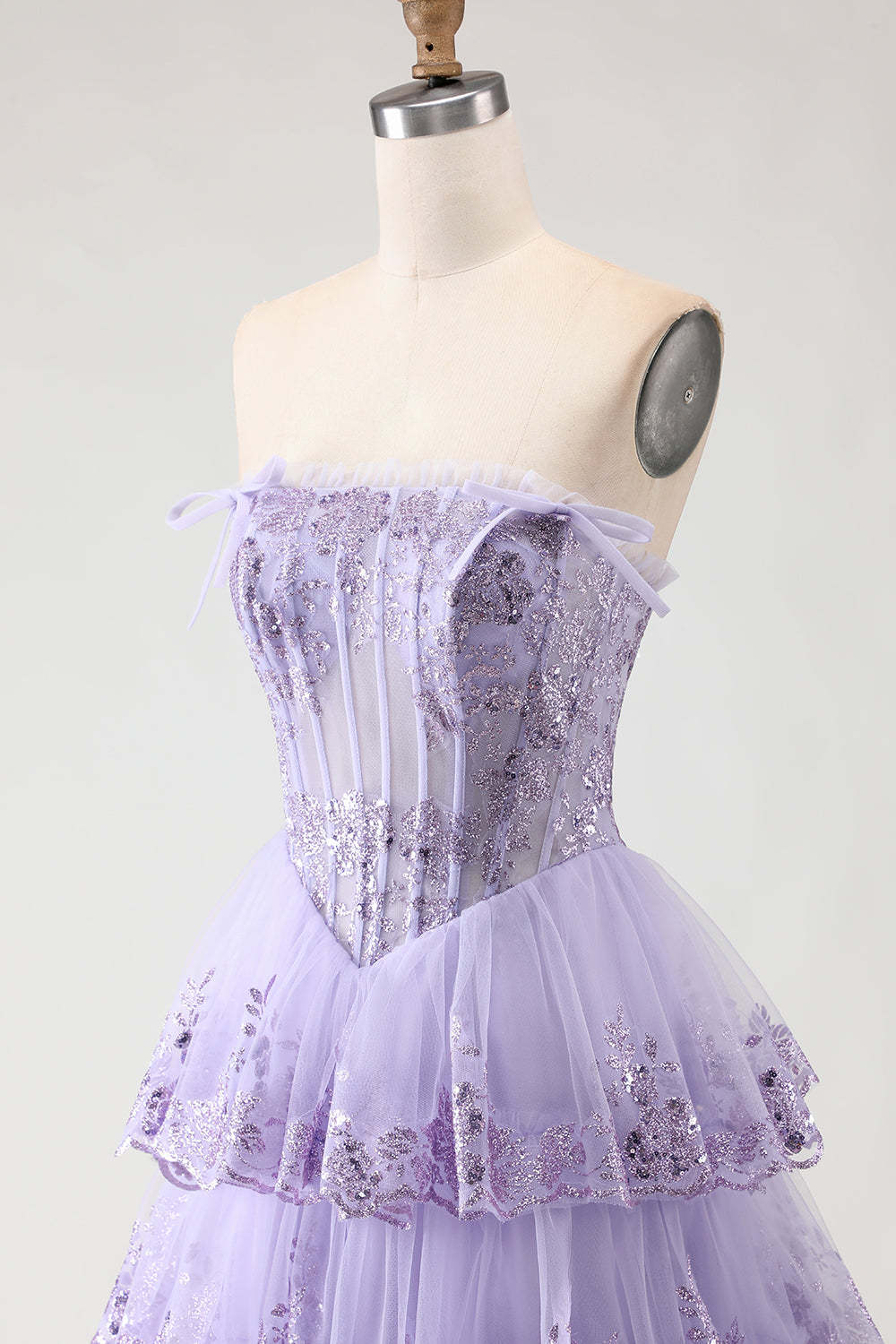 Floral Lilac Tiered Ruffled Tulle Long Corset Prom Dress with Slit