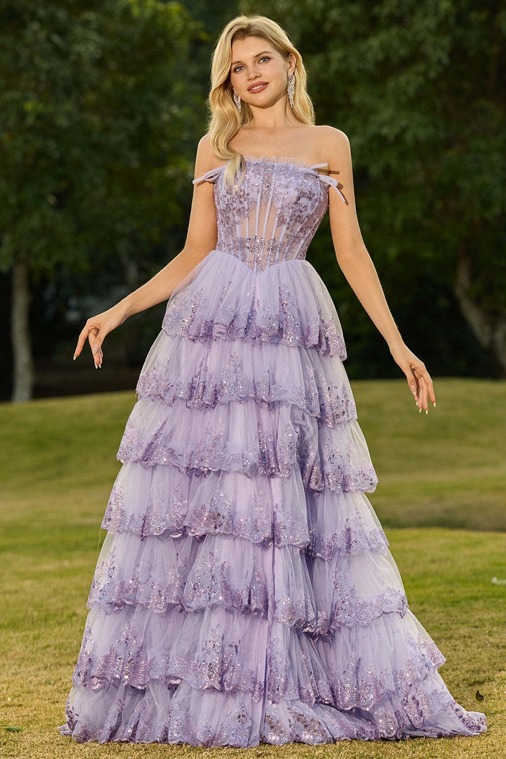 Floral Lilac Tiered Princess Tulle Ruffled Maxi Corset Prom Dress with Bows