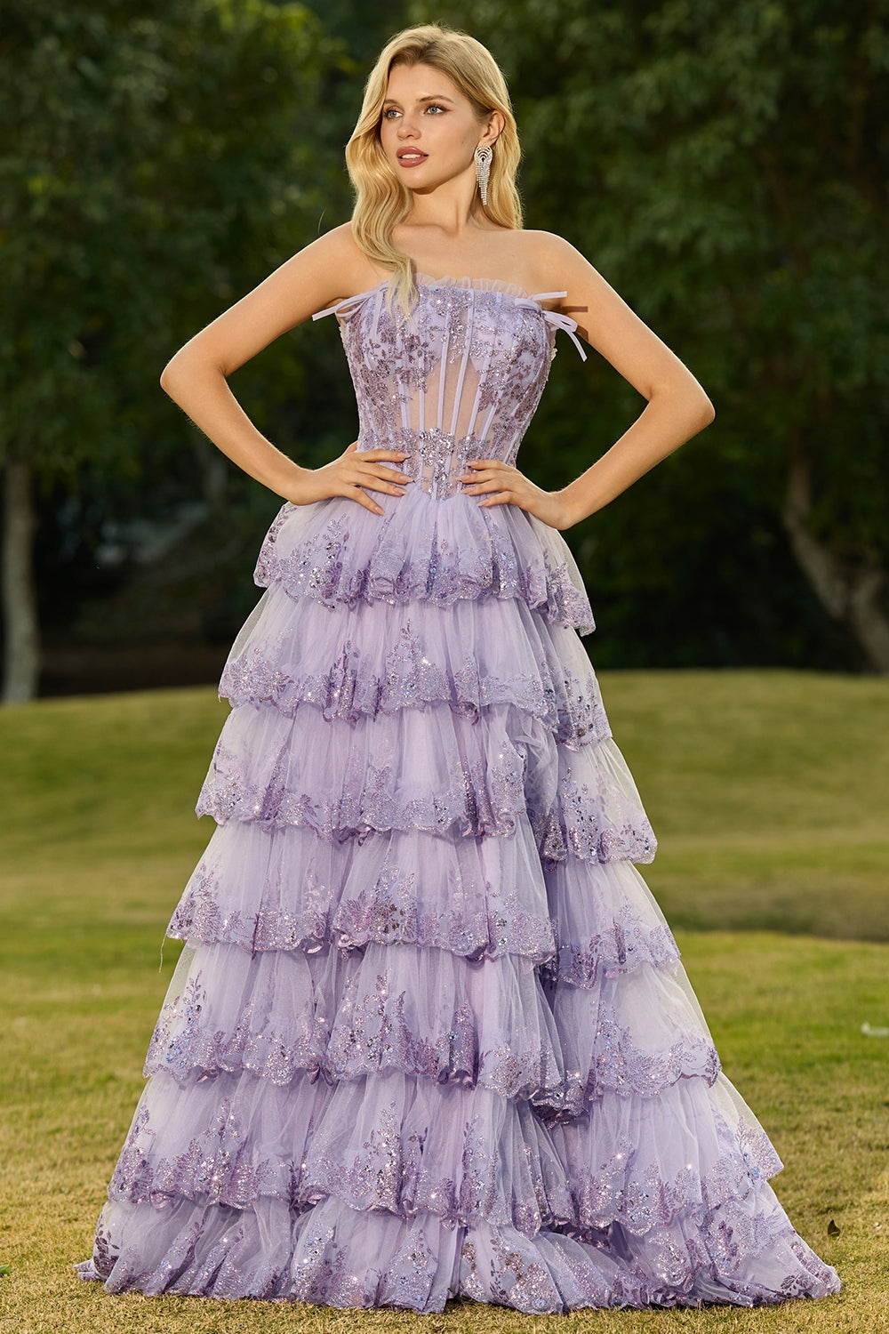 Floral Lilac Tiered Princess Tulle Ruffled Maxi Corset Prom Dress with Bows