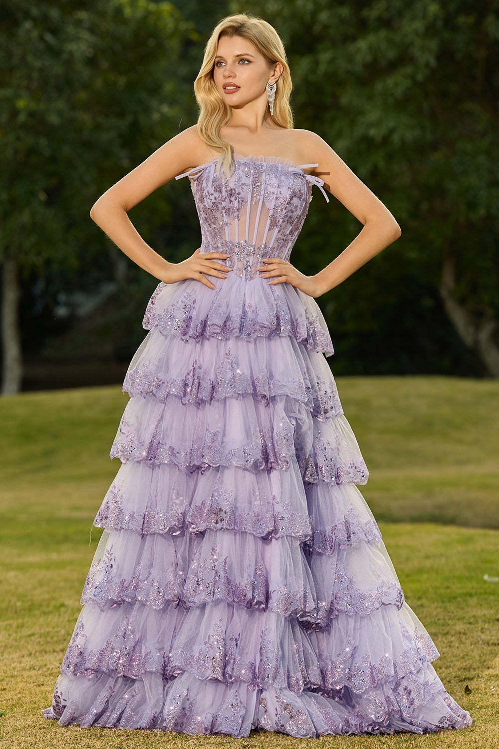 Floral Lilac Tiered Princess Tulle Ruffled Maxi Corset Prom Dress with Bows