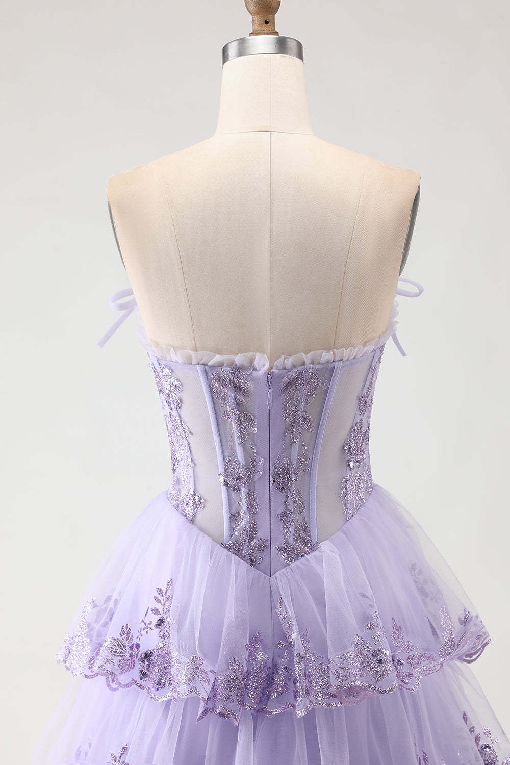 Floral Lilac Tiered Ruffled Tulle Long Corset Prom Dress with Slit