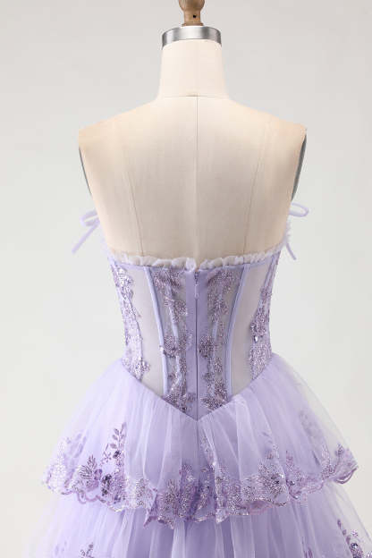 Floral Lilac Tiered Ruffled Tulle Long Corset Prom Dress with Slit