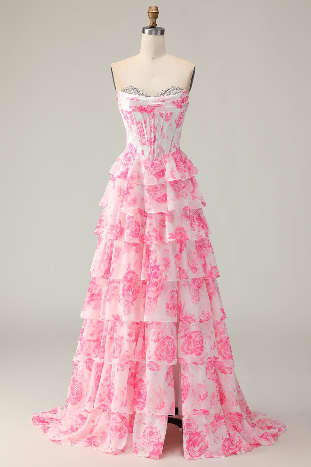 Sparkly White and Pink Ruffled Strapless Floral Corset Long Prom Dress