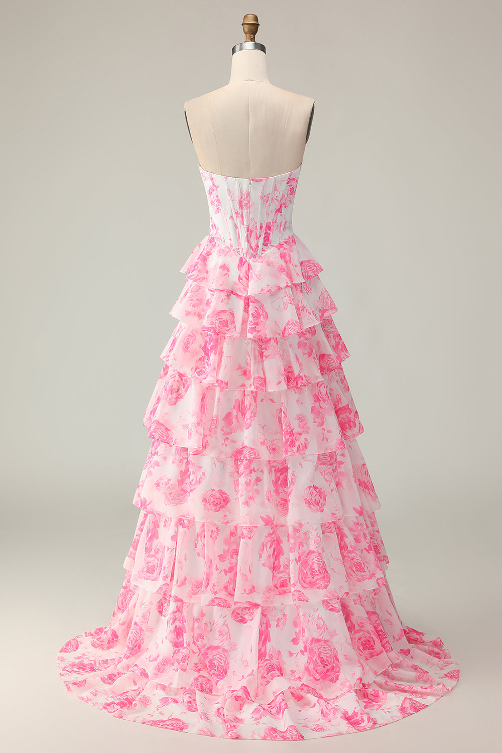 Sparkly White and Pink Ruffled Strapless Floral Corset Long Prom Dress