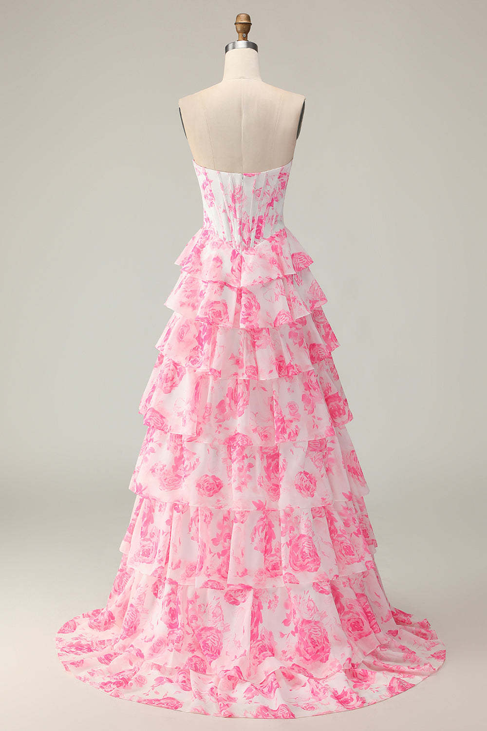 Sparkly White and Pink Ruffled Strapless Floral Corset Long Prom Dress