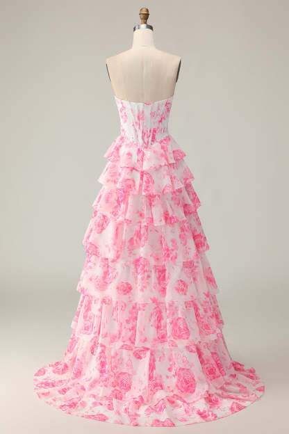 Sparkly White and Pink Ruffled Strapless Floral Corset Long Prom Dress