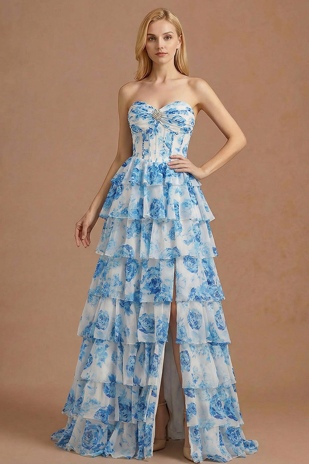 Floral A Line Ruffled White Blue Corset Long Prom Dress with Slit