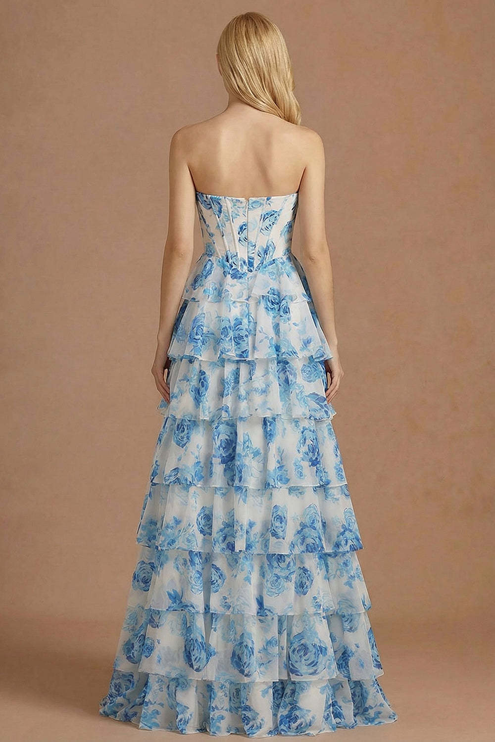 Floral A Line Ruffled White Blue Corset Long Prom Dress with Slit