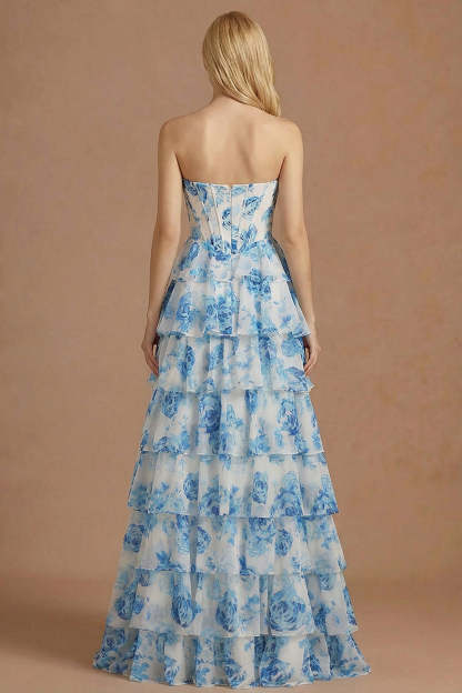 Floral A Line Ruffled White Blue Corset Long Prom Dress with Slit